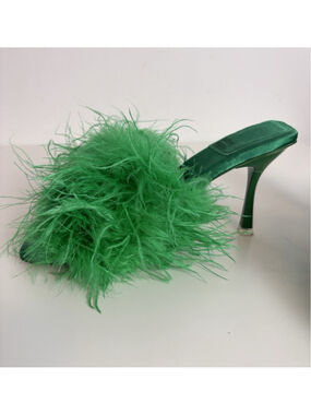 Jeffrey Campbell Chauffeur Feather Mule Heels Green Slide Ostrich Turkey 7.5
